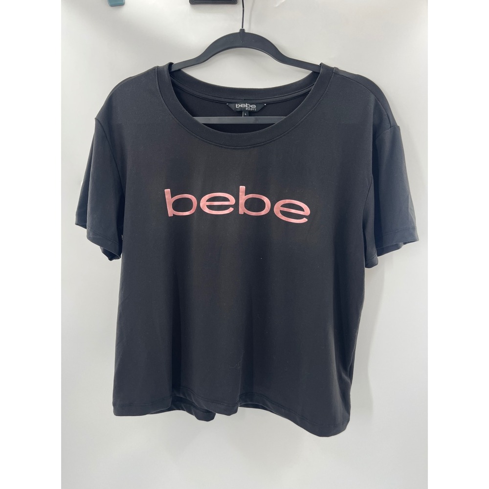 Bebe Sport Womens Black Pink Logo Graphic Short Sleeve T-Shirt Size L